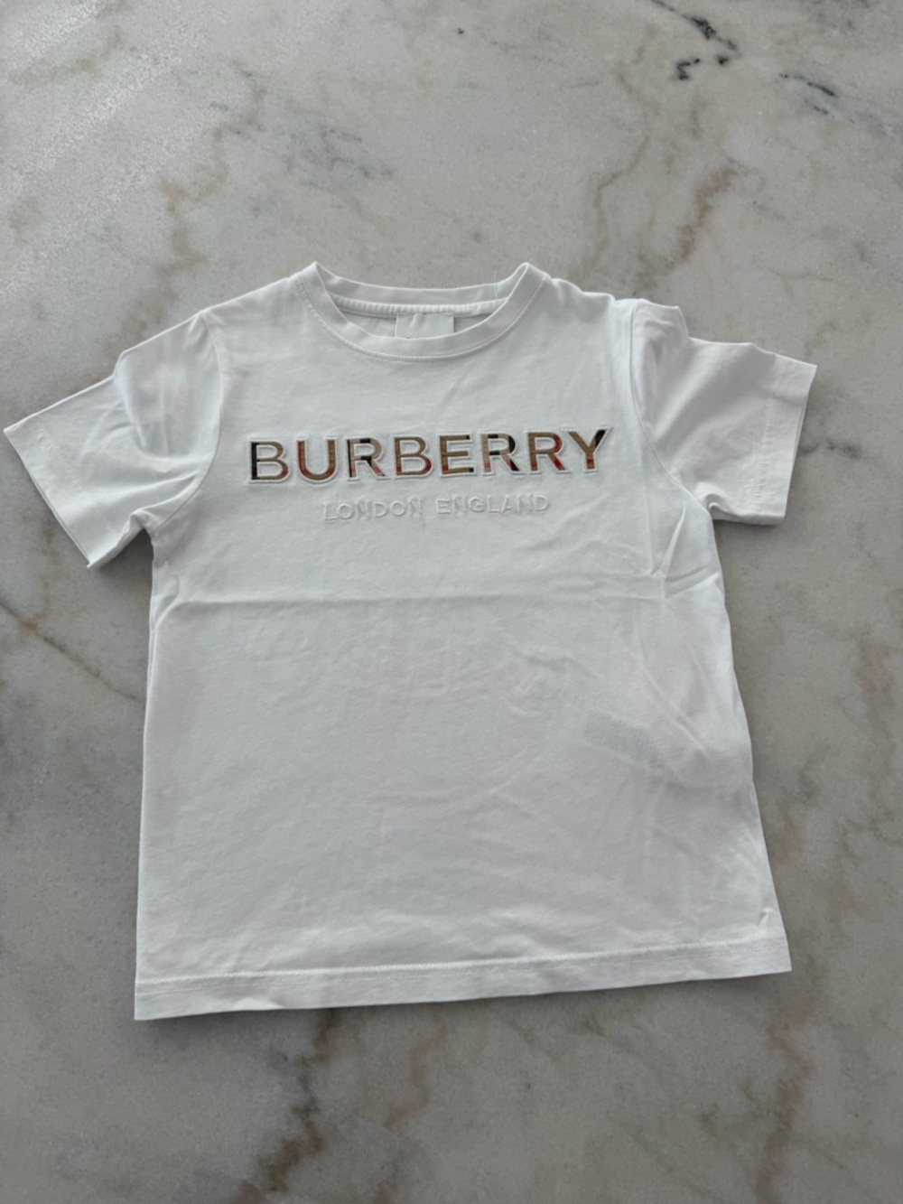 Burberry White Kids Tee with Plaid-Trim Logo